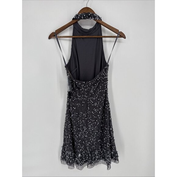 Aidan Adrianna Papell Size 2 Gray Beaded Sequin Halter Cocktail Dress Homecoming - Picture 8 of 12